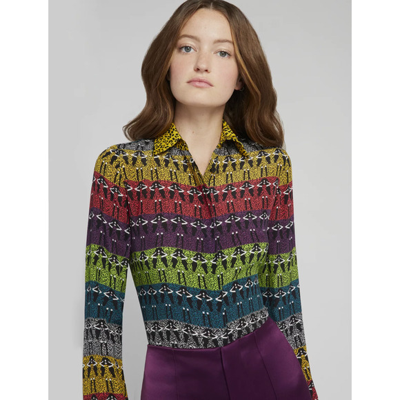 Alice and Olivia Willa Colorful Face Top Blouse Shirt Long Sleeve Rainbow Silk S - Picture 1 of 6
